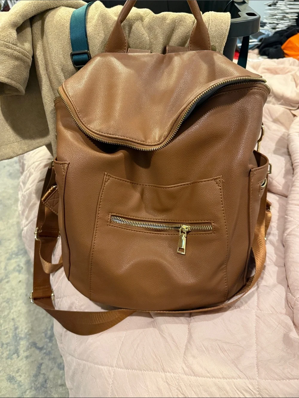 Women's Brown Faux Leather Backpack Tote - Classic Carryall